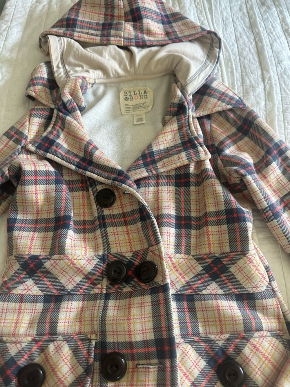 Billabong Hooded Plaid Sweater Peacoat style in Cream, Navy & Red - Picture 3 of 4